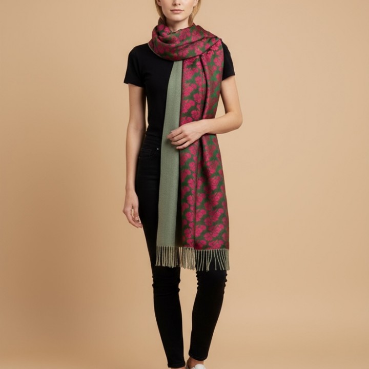 Khăn 2 mặt lụa, pashmina xanh bộ đội, hoa mười giờ